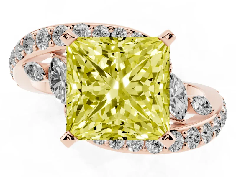 Fancy Yellow Princess Cut Diamond Solitaire Ring Set in Rose gold with Pavé Twist Band and Secure Prong Setting