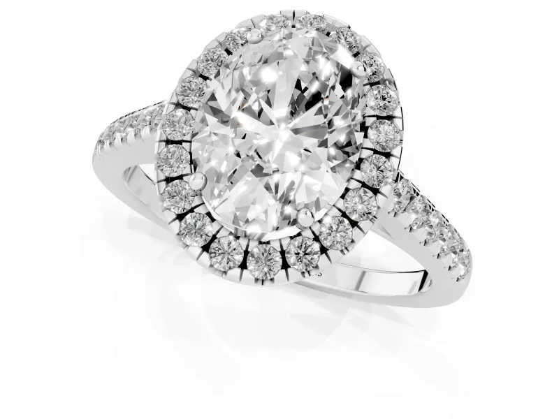 Oval Raised Halo Engagement Ring Setting | Pave Band | White Gold