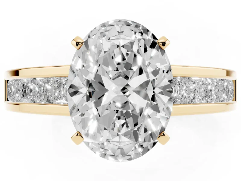 Oval Cut Diamond Solitaire Ring Set in Yellow gold with Channel-Set Band and Prong Setting