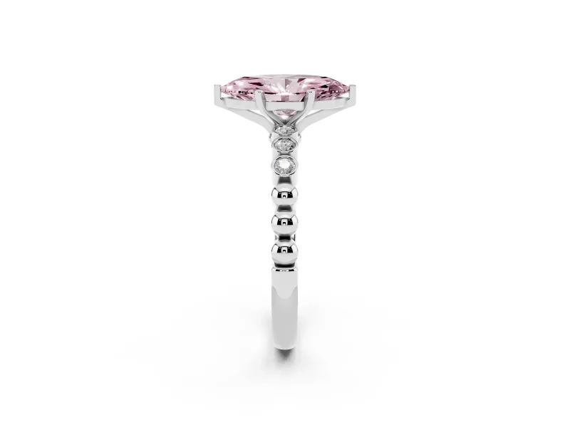 Fancy Pink Marquise Cut Diamond Solitaire Engagement Ring Set in Platinum with Bezel Accents on Beaded Band