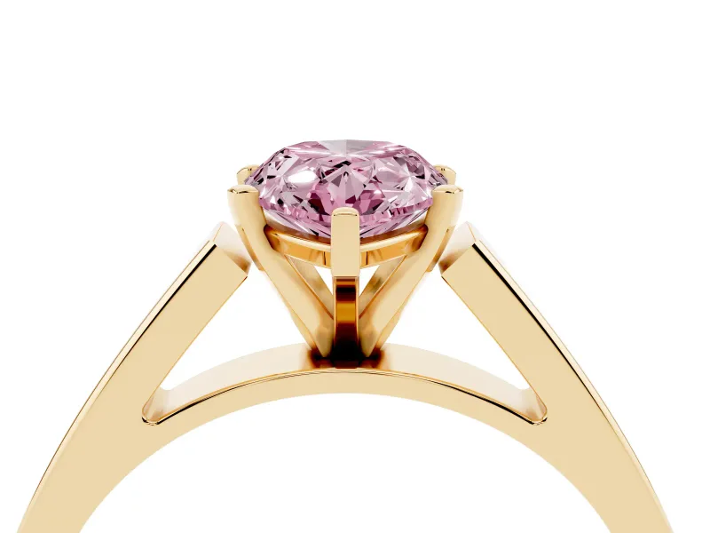 Fancy Pink Pear Cut Diamond Solitaire Engagement Ring Set in Yellow gold with Prong Setting and Tapered Band