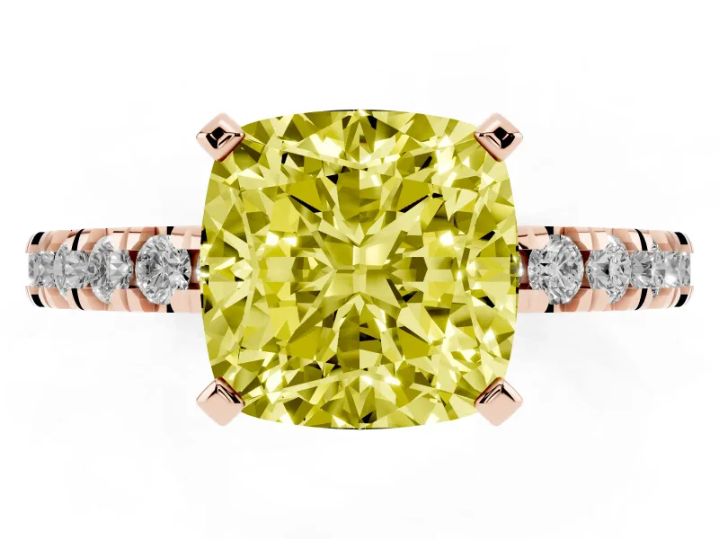 Fancy Yellow Cushion Cut Diamond Pavé Band Solitaire Set in Rose gold with Prong Setting