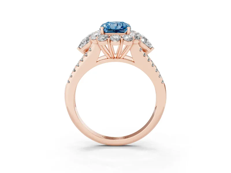 Radiant Cut Scalloped Halo Engagement Ring Setting for a Fancy Blue Lab-Grown Diamond | Pear Side Stones | Rose Gold