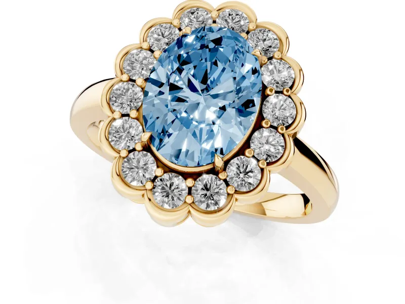 Oval Scalloped Cluster Halo Engagement Ring Setting for a Fancy Blue Lab-Grown Diamond | Plain Band | Yellow Gold