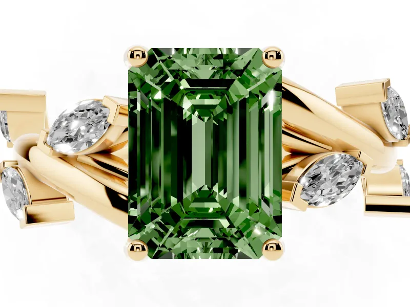 Fancy Green Emerald Cut Diamond Solitaire Ring Set in Yellow gold with Twisted Marquise Accent Band