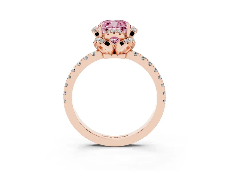 Fancy Pink Cushion Cut Diamond Halo Pavé Band Ring Set in Rose gold with Prong-Held Center