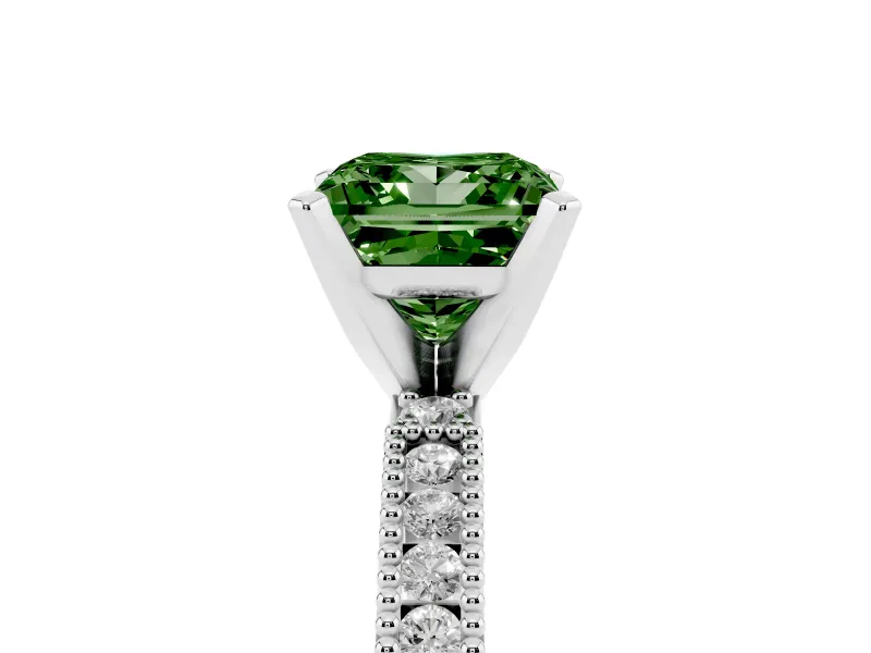 Fancy Green Princess Cut Diamond Solitaire Ring Set in Silver with Slim Pavé Band and Prong Setting
