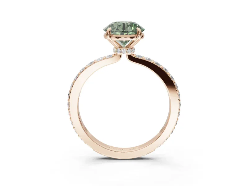 Round Hidden Halo Engagement Ring Setting for a Fancy Green Lab-Grown Diamond | Pavé Band | Rose Gold