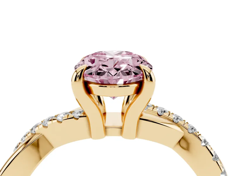 Fancy Pink Oval Cut Diamond Twist Band Solitaire Set in Yellow gold with Pavé Accents and Prong Setting