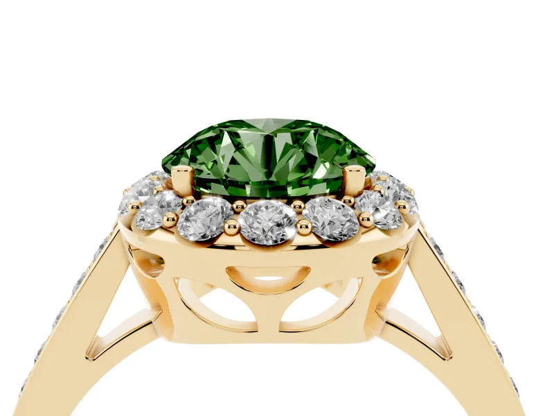 Fancy Green Round Cut Diamond Floral Halo Ring Set in Yellow gold with Pavé Band and Prong Setting