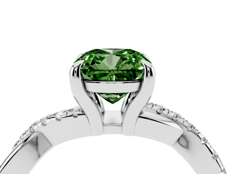 Fancy Green Cushion Cut Diamond Twist Band Solitaire Set in White gold with Pavé Accents and Prong Setting