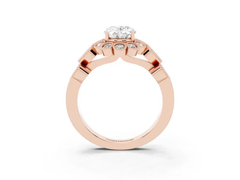 Oval Vintage Scalloped Milgrain Halo Engagement Ring Setting | Heart Pavé Band | Rose Gold
