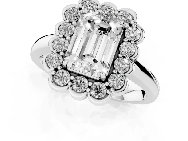 Emerald Cut Scalloped Cluster Halo Engagement Ring Setting | Plain Band | White Gold