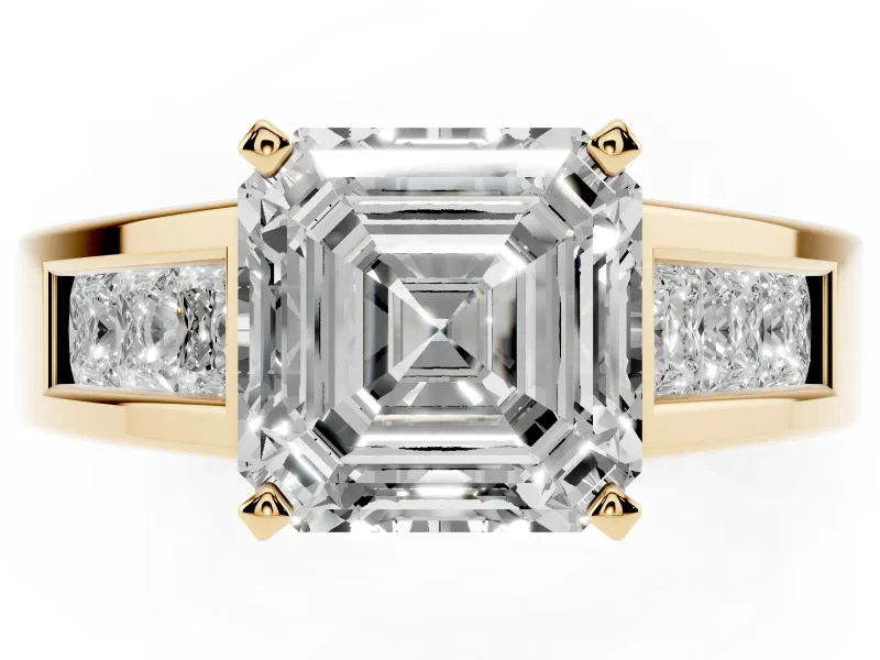 Asscher Cut Channel-Set Engagement Ring Setting | Princess Side Stones | Yellow Gold