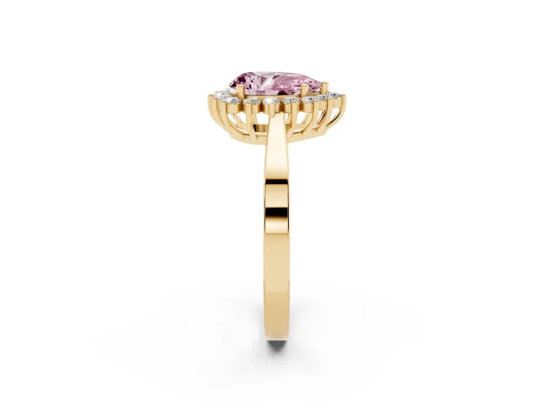 Fancy Pink Pear Cut Diamond Halo Ring Set in Yellow gold with Round Halo and Smooth Solitaire Band
