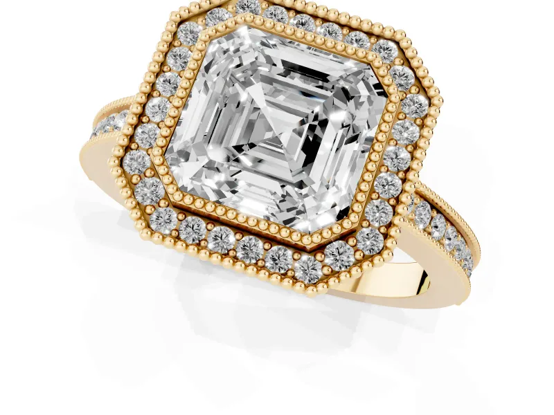 Asscher Cut Vintage Milgrain Halo Engagement Ring Setting | Filigree Gallery | Yellow Gold