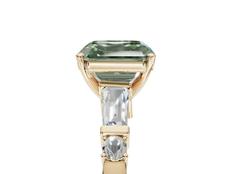 Asscher Cut Tapered Baguette Engagement Ring Setting for a Fancy Green Lab-Grown Diamond | Bar Set Sides | Yellow Gold