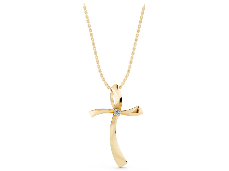 Round Lab-Grown Diamond Curved Cross Pendant Necklace | Sweeping Arms | Yellow Gold