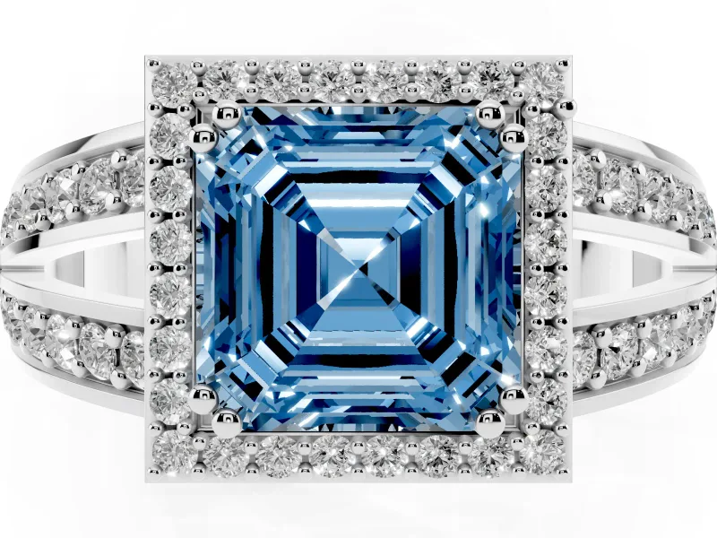 Asscher Cut Halo Engagement Ring Setting for a Fancy Blue Lab-Grown Diamond | Two-Row Pave Split Shank | Platinum