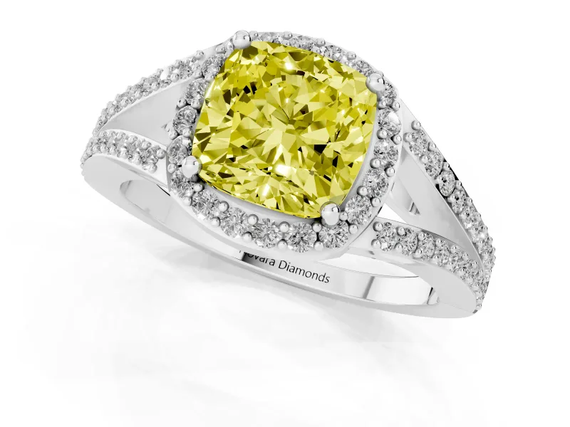 Cushion Cut Split Shank Halo Engagement Ring Setting for a Fancy Yellow Lab-Grown Diamond | Platinum