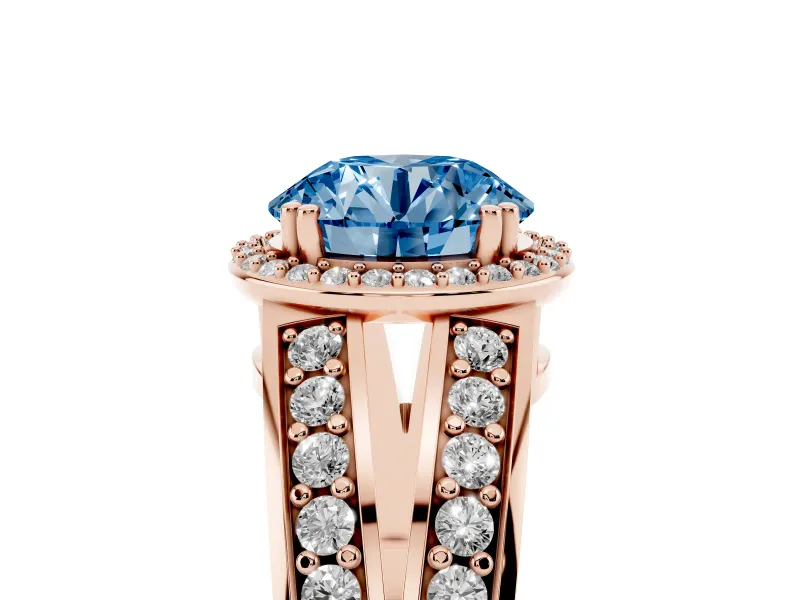 Round Halo Engagement Ring Setting for a Fancy Blue Lab-Grown Diamond | Split Shank | Rose Gold