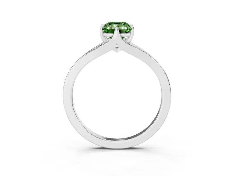 Fancy Green Emerald Cut Diamond Solitaire Ring Set in Platinum with Polished Tapered Band and Prong Setting