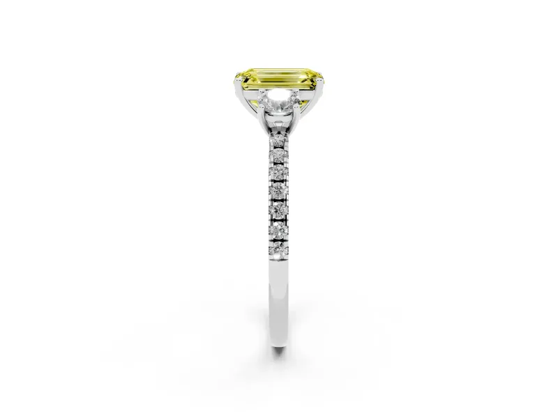 Emerald Cut Three Stone Engagement Ring Setting for a Fancy Yellow Lab-Grown Diamond | Pave Shoulders | Sterling Silver