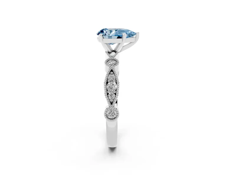 Fancy Blue Pear Cut Diamond Solitaire Engagement Ring Set in Platinum with Milgrain Bezel Accent Band