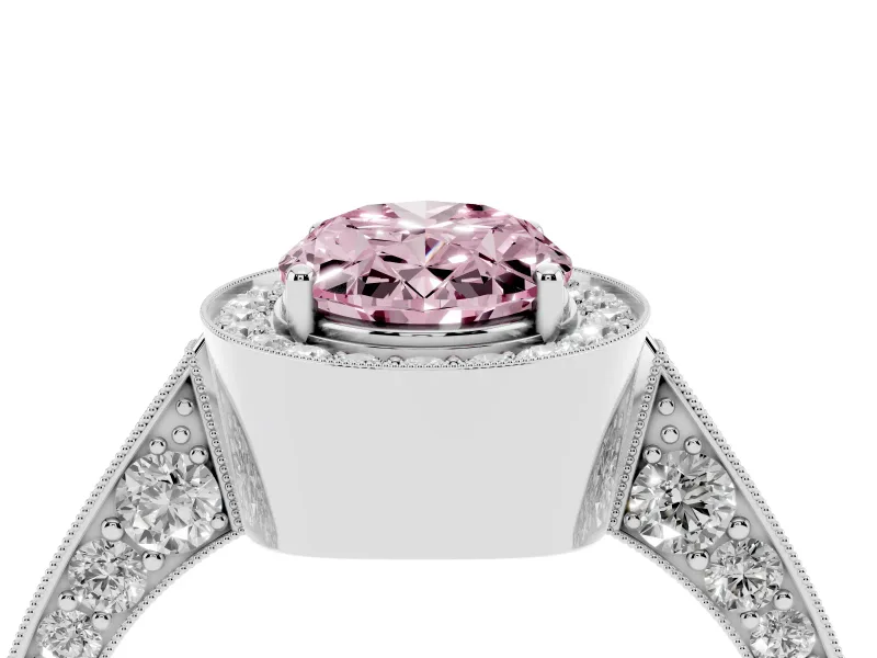 Oval Vintage Milgrain Halo Engagement Ring Setting for a Fancy Pink Lab-Grown Diamond | Side Stones and Pave | Platinum