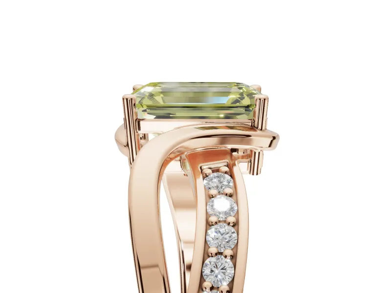 Emerald Cut Bypass Solitaire Engagement Ring Setting for a Fancy Yellow Lab-Grown Diamond | Pavé Strands | Rose Gold