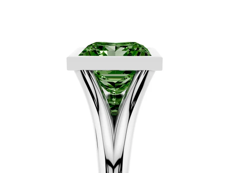 Fancy Green Bezel Set Princess Cut Diamond Solitaire Ring Set in Platinum with Tapered Band