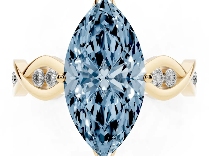 Fancy Blue Marquise Cut Diamond Twist Band Solitaire Ring Set in Yellow gold with Leaf Prong Setting and Accent Stones
