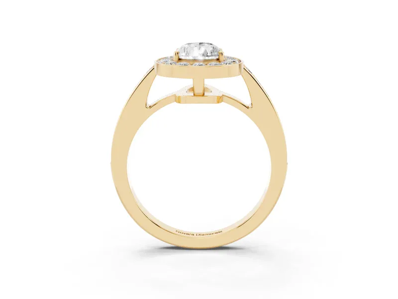 Pear Cut Diamond Halo Pavé Engagement Ring Set in Yellow gold with Bezel Setting