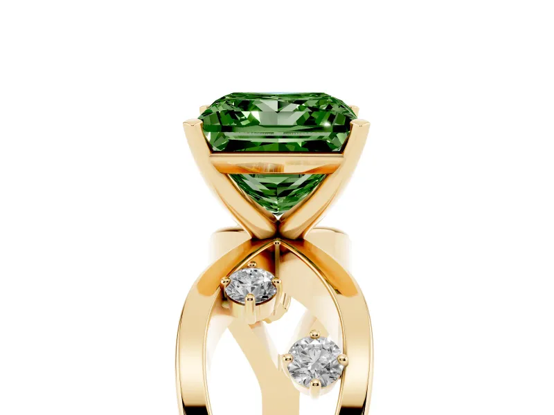 Fancy Green Princess Cut Diamond Solitaire Ring Set in Yellow gold with Side Stones on Criss-Cross Band and Prong Setting