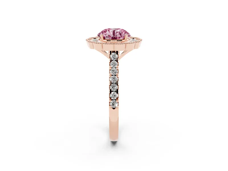 Fancy Pink Round Cut Diamond Milgrain Floral Halo Engagement Ring Set in Rose gold with Pavé Band