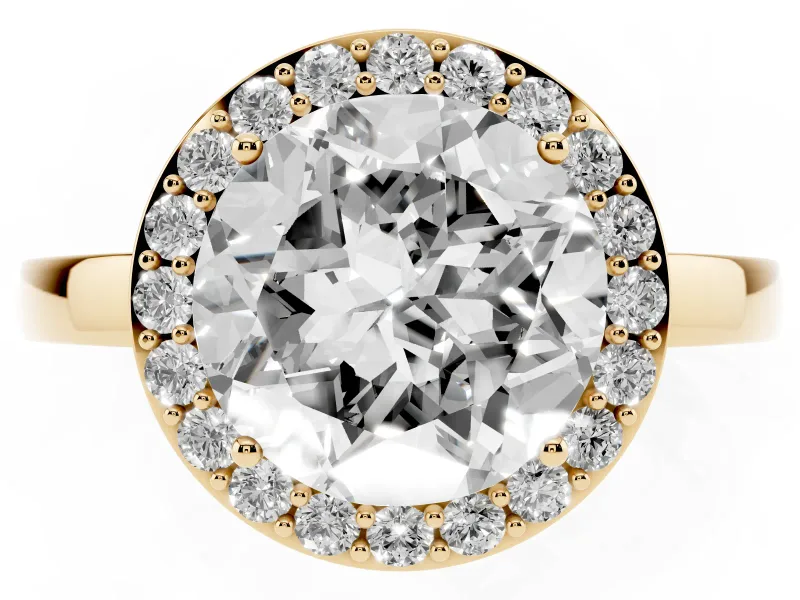 Round Thin Halo Low Profile Engagement Ring Setting | Slim Plain Band | Yellow Gold
