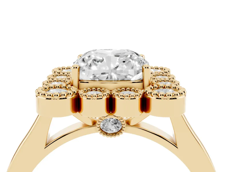 Cushion Cut Vintage Milgrain Bezel Cluster Halo Engagement Ring Setting | Plain Band | Yellow Gold
