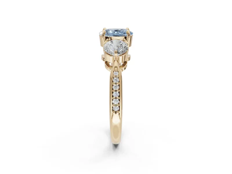Cushion Cut Three Stone Engagement Ring Setting for a Fancy Blue Lab-Grown Diamond | Tapered Pave Band | Yellow Gold