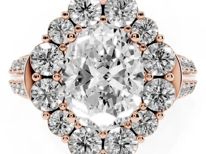 Oval Cut Diamond Halo Engagement Ring Set in Rose gold with Split Shank and Prong Setting