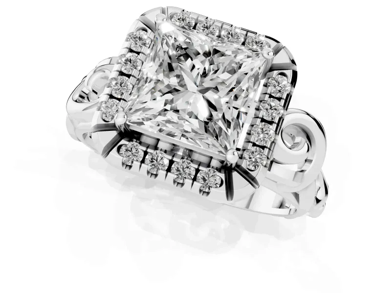 Princess Cut Diamond Halo Ring Set in White gold with Scrollwork Band and Prong Setting