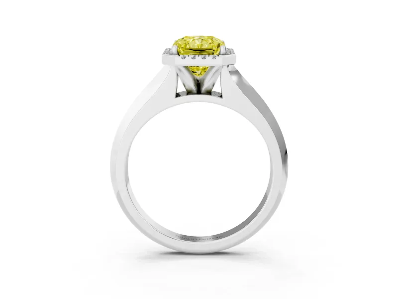 Fancy Yellow Radiant Cut Diamond Halo Ring Set in Platinum with Cathedral Band and Prong Setting