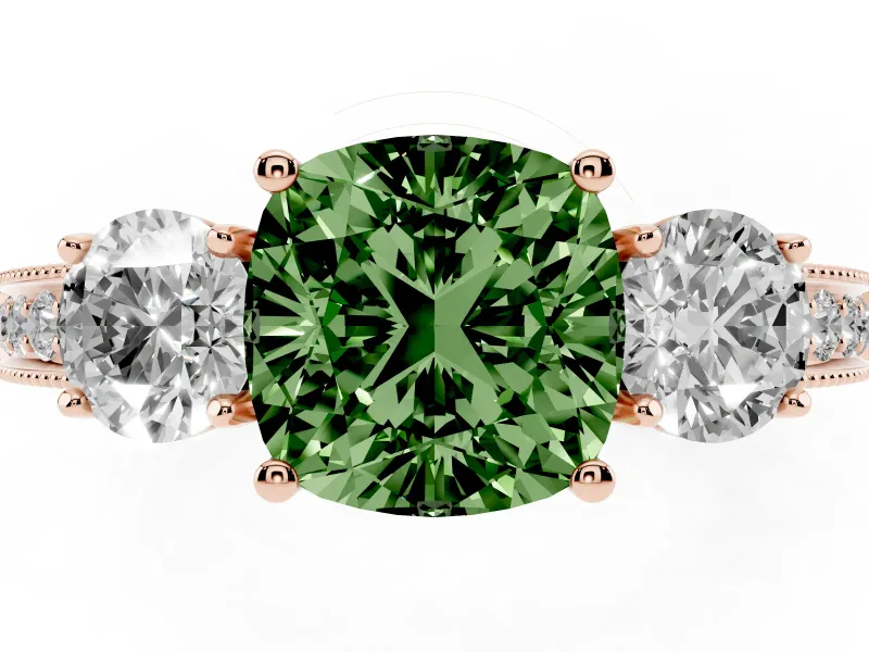 Cushion Cut Three Stone Engagement Ring Setting for a Fancy Green Lab-Grown Diamond | Graduated Pave Band | Rose Gold