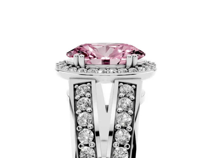Fancy Pink Oval Cut Diamond Halo Ring Set in Silver with Double Pavé Split Shank