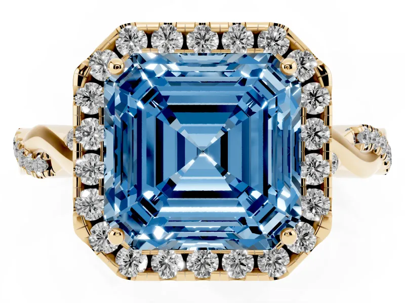 Asscher Cut Twist Halo Engagement Ring Setting for a Fancy Blue Lab-Grown Diamond | Yellow Gold