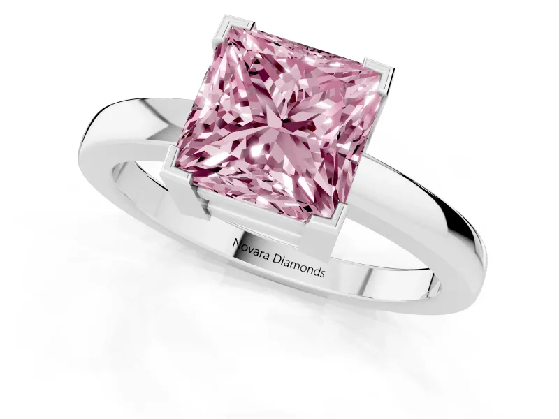 Fancy Pink Princess Cut Diamond Solitaire Ring Set in White gold with Prong Head and Smooth Polished Band