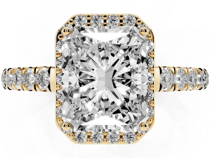 Radiant Cut Diamond Halo Engagement Ring Set in Yellow gold with Pavé Band and Prong Setting