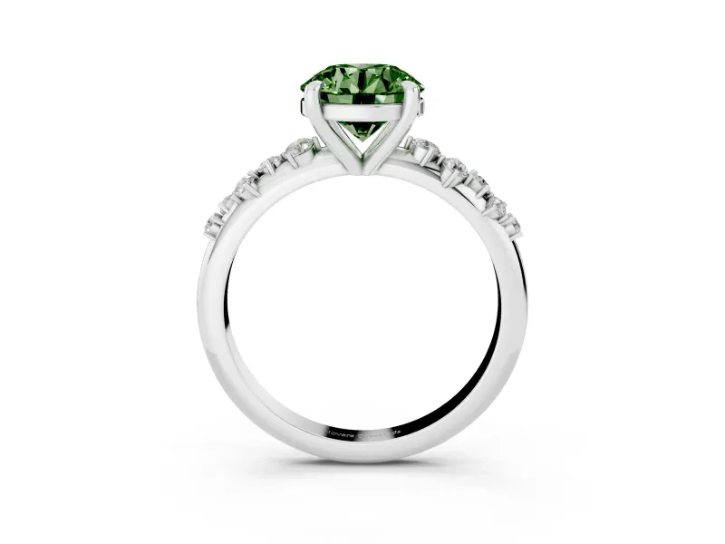 Fancy Green Round Cut Diamond Solitaire Vine Band Ring Set in White gold with Round Accents and Prong Setting