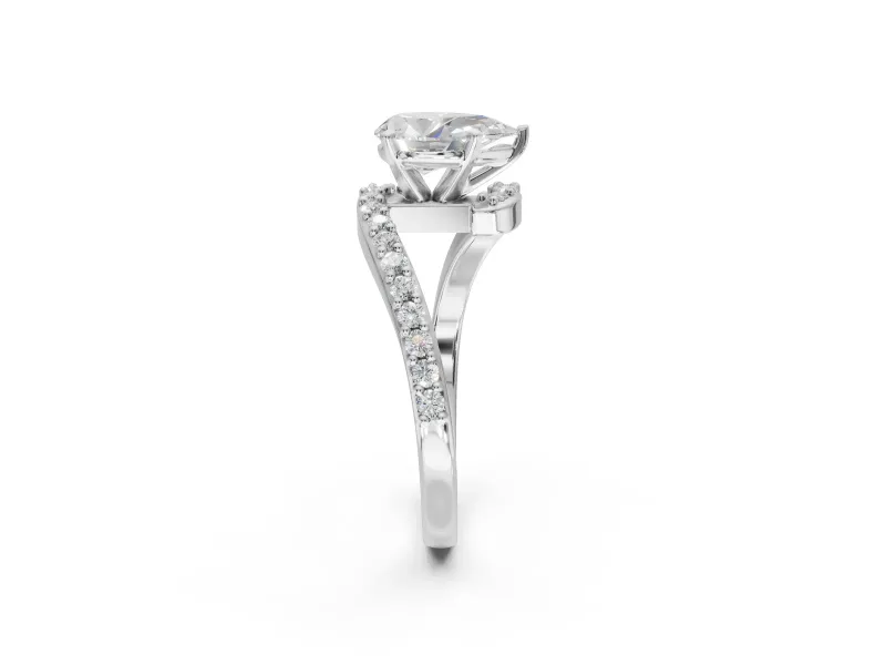 Pear-Shaped Bypass Pavé Solitaire Engagement Ring Setting | Swirl Band | White Gold