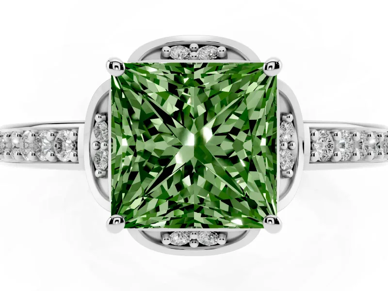 Princess Cut Floral Pavé Engagement Ring Setting for a Fancy Green Lab-Grown Diamond | Petal Accents | Sterling Silver