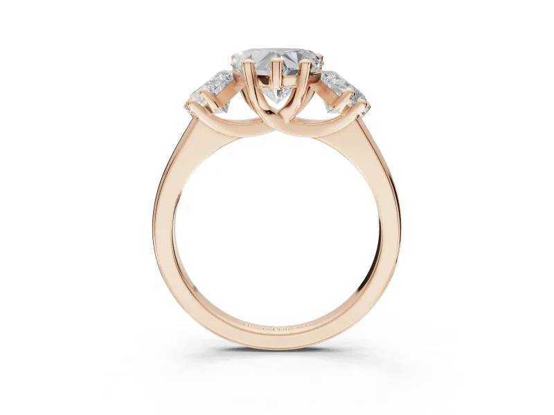 Heart-Shaped Three Stone Engagement Ring Setting | Wide Tapered Shoulders | Rose Gold